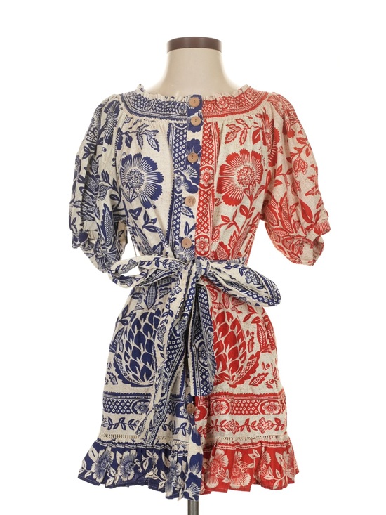 FARM Rio Dresses & Skirts - Farm Rio Floral Split-Color Cotton Dress with Belt - Blue & Red